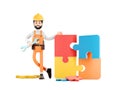 builder cartoon character, funny worker or engineer with puzzle isolated. Resolve the problem concept 3d illustration