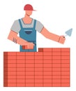 Builder cartoon flat illustration. Professional construction worker builds brick house wall. Man uniform and helmet