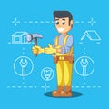 Builder character with home repair icons Royalty Free Stock Photo