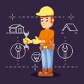 Builder character with home repair icons Royalty Free Stock Photo