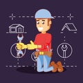 Builder character with home repair icons Royalty Free Stock Photo