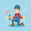 Builder character with home repair icons Royalty Free Stock Photo