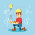 Builder character with home repair icons Royalty Free Stock Photo