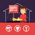 Builder character with home repair icons Royalty Free Stock Photo