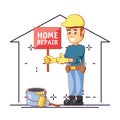 Builder character with home repair icons Royalty Free Stock Photo