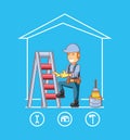 Builder character with home repair icons Royalty Free Stock Photo