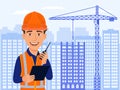 Builder, civil engineer, smile cartoon character. City view, skyscrapers, house under construction and crane. Royalty Free Stock Photo