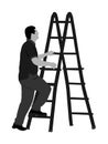 Builder climb on ladder illustration isolated on white background. Construction worker with ladder working. Painter work.