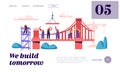 Builder Construct Brick Bridge with Construction Crane and Hammer Landing Page. Architect Worker Build Gate. Engineer on Ladder