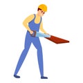 Builder cutting wood icon, cartoon style