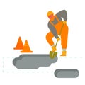 Builder Digging Soil with Shovel. Worker Wearing Orange Overalls and Helmet Using Spade for Removing Ground