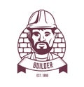 Builder emblem on a brick wall background with ribbon. logo.