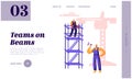 Builder Employee Building with Construction Crane Landing Page. Worker Man in Helmet Build Object Standing on Ladder. Architect