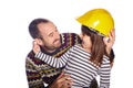 Builder father and daugther happy and smiling with empty board. white background Royalty Free Stock Photo