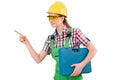 Builder female with toolbox pointing isolated