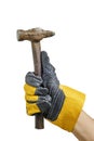 Builder gloved hand holding hammer white background.Concept for Labor Day first May. Royalty Free Stock Photo