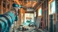 A builder grips a drill, preparing to work in a vibrant, well-lit space of a new house under construction, surrounded by materials Royalty Free Stock Photo