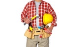 Builder handyman with construction tools. Royalty Free Stock Photo