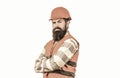 Builder in hard hat, foreman or repairman in the helmet. Man builders, industry. Worker in construction uniform Royalty Free Stock Photo