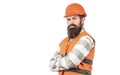 Builder in hard hat, foreman or repairman in the helmet. Man builders, industry. Worker in construction uniform