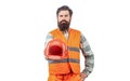 Builder in hard hat, foreman or repairman in the helmet. Man builders, industry. Worker in construction uniform Royalty Free Stock Photo