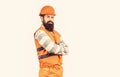 Builder in hard hat, foreman or repairman in the helmet. Worker in construction uniform. Man builders, industry Royalty Free Stock Photo