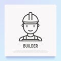 Builder in helmet thin line icon. Modern vector illustration of repairman, handyman