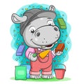 The builder hippopotamus hold brick with cement spoon Royalty Free Stock Photo