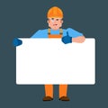 Builder holding banner blank. Worker in protective helmet and white blank. Serviceman joyful emotion. place for text. Vector