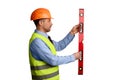 Builder Holding Building Level Working Standing Over White Background, Side-View