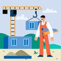 Builder holding constructions and ready to work. Worker build house