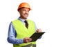 Builder Holding Folder Taking Notes Looking Aside Over White Background Royalty Free Stock Photo
