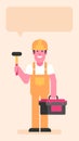 Builder holding small hammer and suitcase with tools Royalty Free Stock Photo