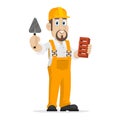 Builder holds brick and trowel