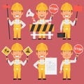 Builder Holds Different Signs