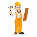 Builder holds hammer and wooden board