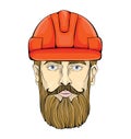 Builder, industrial worker. The face of a bearded man in a construction helmet. Vector Illustration, isolated on white.
