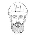 Builder, industrial worker. The face of a bearded man in a construction helmet. Vector Illustration, on white.