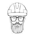 Builder, industrial worker. The face of a bearded man with glasses in a construction helmet. Vector Illustration