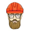 Builder, industrial worker. The face of a bearded man with glasses in a construction helmet. Vector Illustration