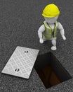 Builder inspecting drains through manhole cover