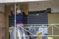 Builder installing rockwool and mineral wool board with glue 2 Royalty Free Stock Photo