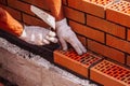 Builder laying bricks on construction site Royalty Free Stock Photo