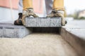 Builder laying outdoor paving slabs Royalty Free Stock Photo