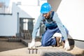Builder laying paving tiles Royalty Free Stock Photo