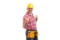 Builder making celebration gesture with fists