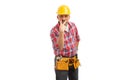 Builder making look at me sign Royalty Free Stock Photo