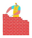 Builder male character in protect helmet building brick wall, construct masonry flat vector illustration, isolated on