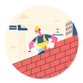 Builder Male Character Wearing Helmet and Uniform Holding Trowel Put Concrete for Laying Brick Wall Completed and Rejoice of Work