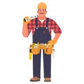 Builder man in a hard hat and with tools. Foreman or construction worker on a white background Royalty Free Stock Photo